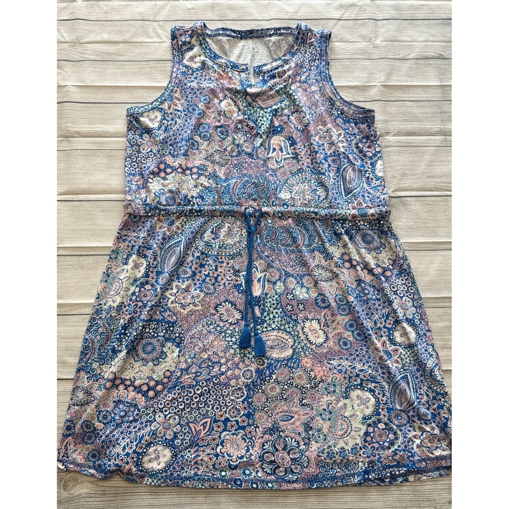 T by Talbots Paisley Drawstring Waist Dress Womens 2X Blue Pink Rayon Cotton - Picture 1 of 6